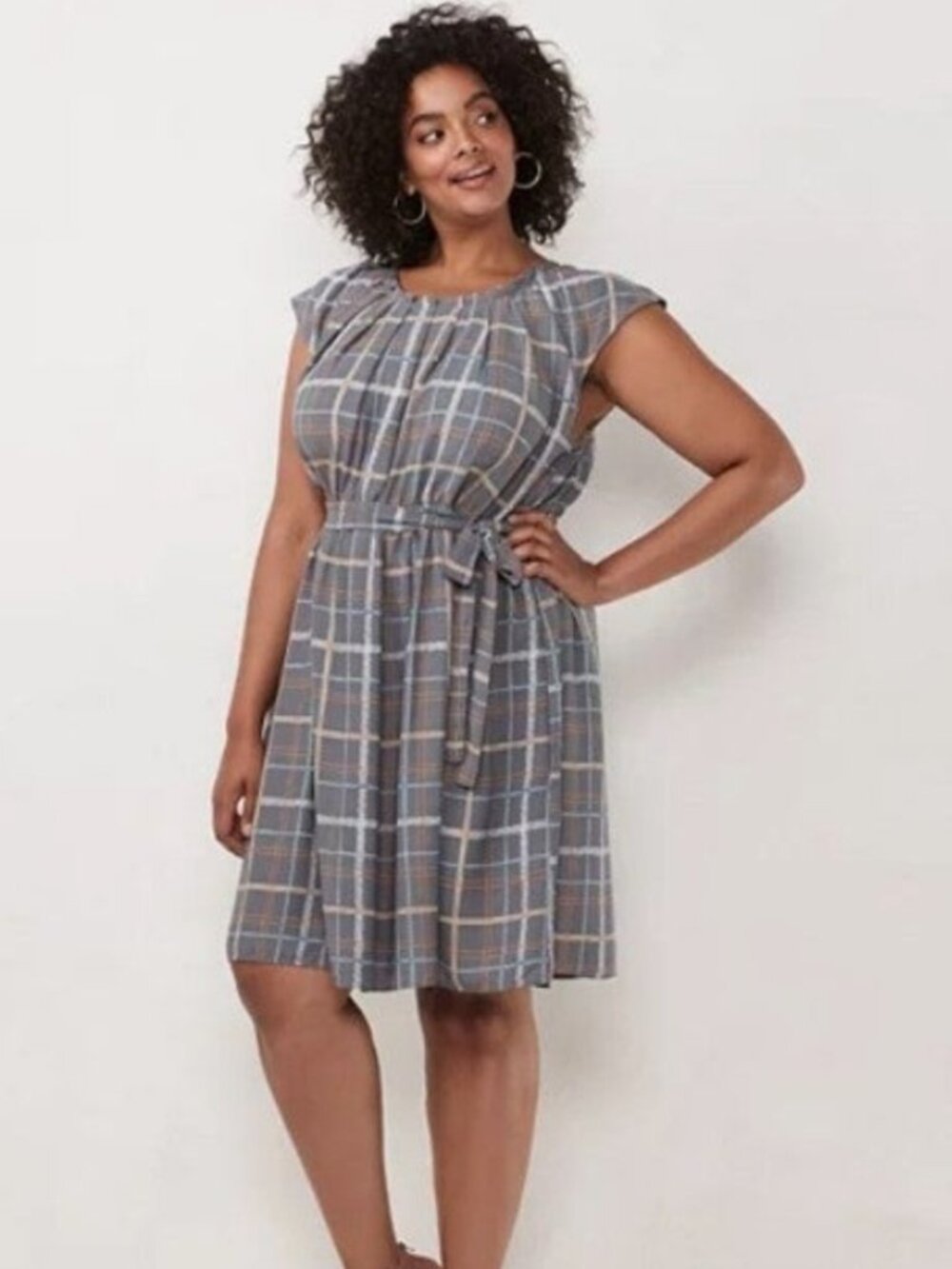 LC Lauren Conrad Women's Plaid Babydoll Mini Dress Pleat Neck Gray Plus Size XXL